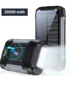 30000 mAh Solar-Powerbank Vorder- und Rückseite mit eingeschalteter Beleuchtung